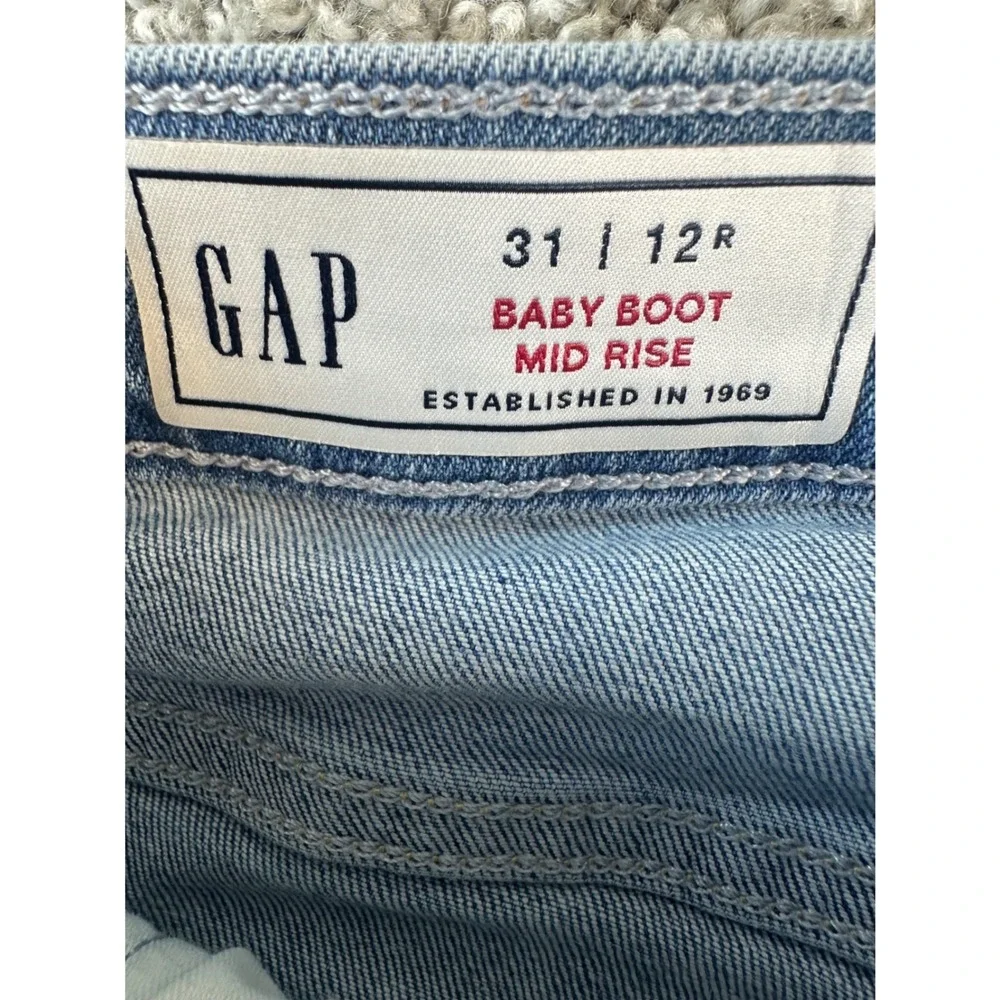 Gap Baby Boot Mid Rise Jeans Size 31 12R Tall Light Wash Raw Hem Stretch Denim - Picture 5 of 9